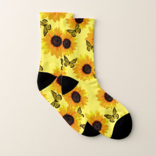 Yellow Sunflowers And Butterflies Socks