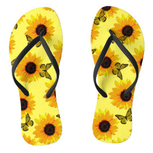 Yellow Sunflowers And Butterflies, Thongs Flip Flops