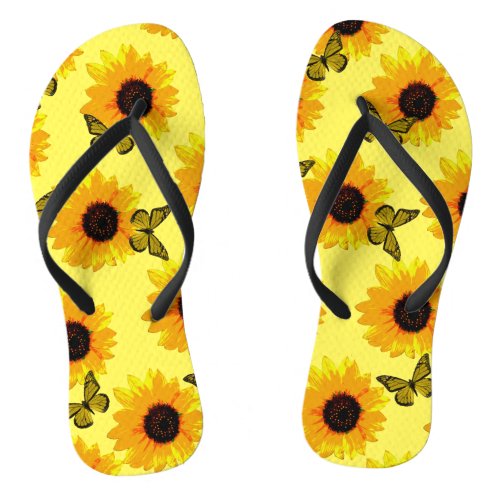 Yellow Sunflowers And Butterflies Thongs Flip Flops