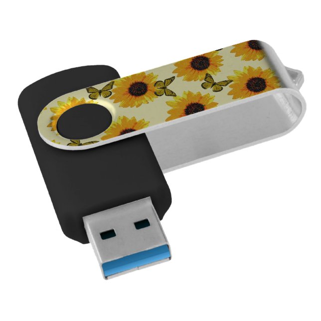 Yellow Sunflowers And Butterflies, USB Flash Drive (Angled)