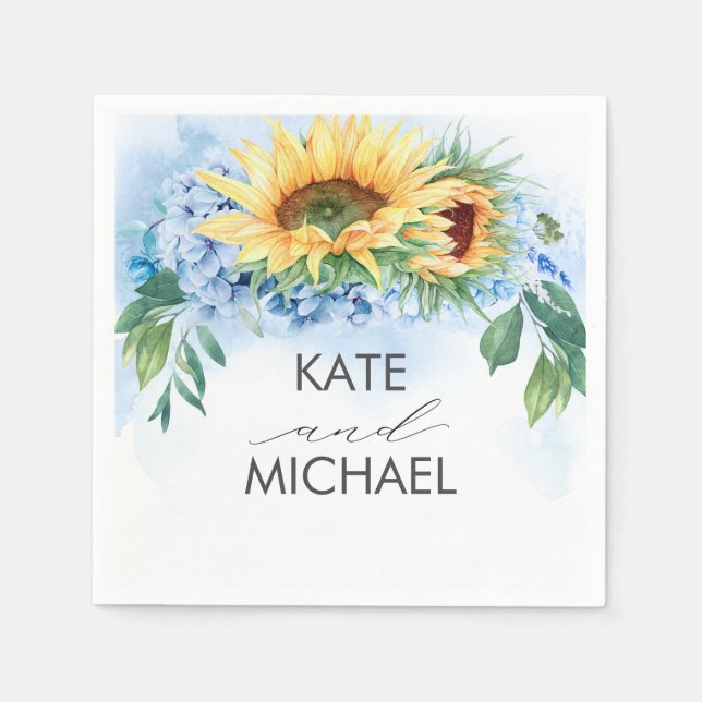 Yellow Sunflowers and Dusty Blue Hydrangea Fall Napkins (Front)