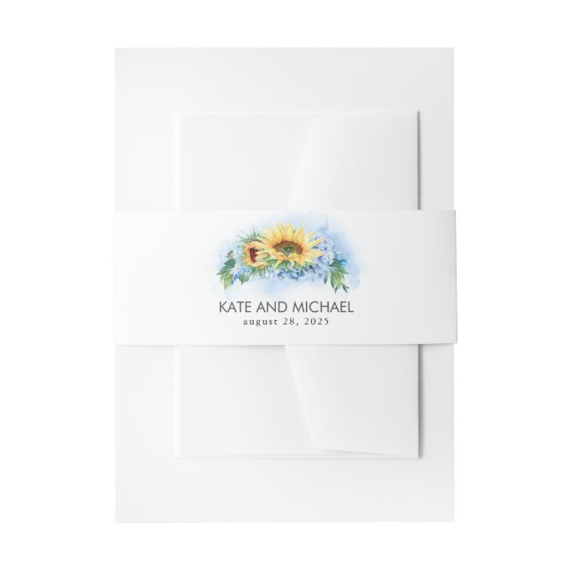 Yellow Sunflowers and Dusty Blue Hydrangea Wedding Invitation Belly Band (Front Example)