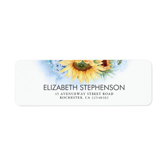 Yellow Sunflowers and Dusty Blue Hydrangea Wedding Label (Front)