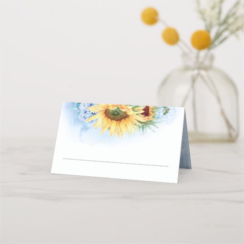 Yellow Sunflowers and Dusty Blue Hydrangea Wedding Place Card