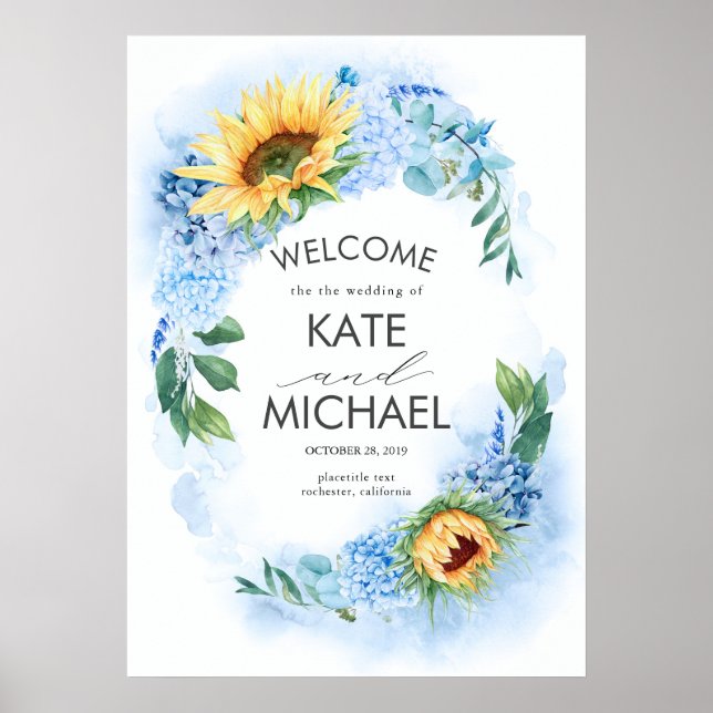 Yellow Sunflowers and Dusty Blue Hydrangea Wedding Poster (Front)