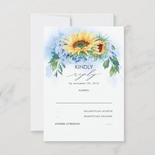 Yellow Sunflowers and Dusty Blue Hydrangea Wedding RSVP Card