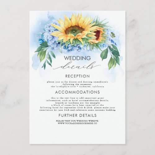 Yellow Sunflowers and Dusty Blue Wedding Details Enclosure Card