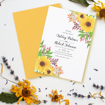 Yellow Sunflowers And Fall Leaves Autumn Wedding Invitation by weddings_ at Zazzle