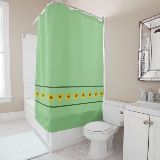 Yellow Sunflowers and Green Borders on Sage Green Shower Curtain (In Situ)