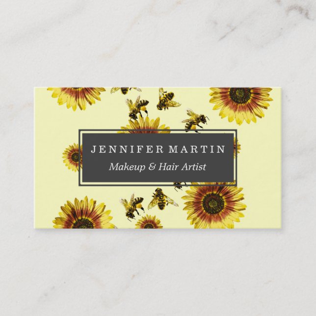Yellow Sunflowers and Honey Bees Summer Pattern Business Card (Front)