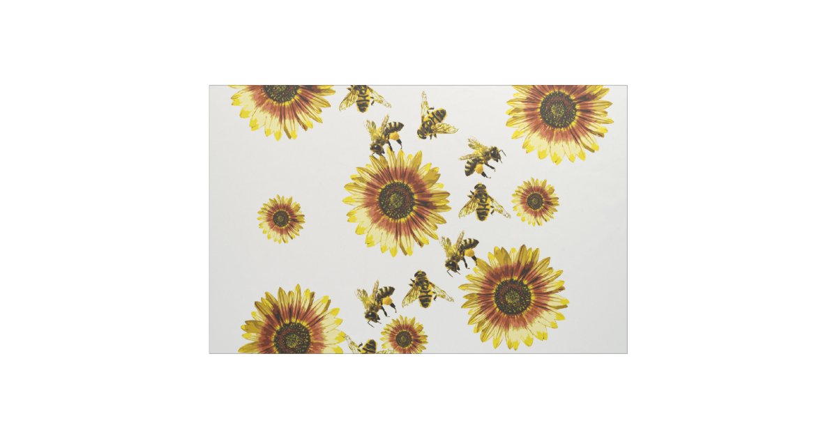 Yellow Sunflowers and Honey Bees Summer Pattern Fabric | Zazzle