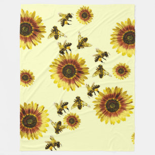 Yellow Sunflowers and Honey Bees Summer Pattern Fleece Blanket