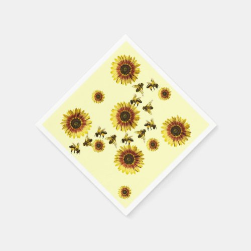 Yellow Sunflowers and Honey Bees Summer Pattern Paper Napkins