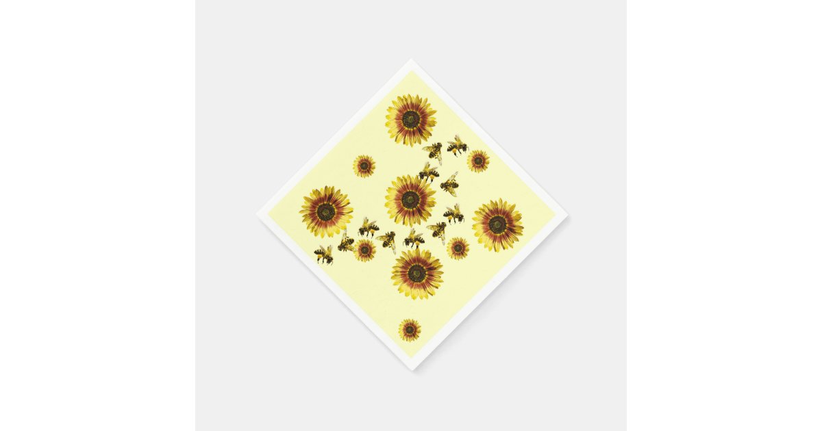Yellow Sunflowers and Honey Bees Summer Pattern Paper Napkins | Zazzle