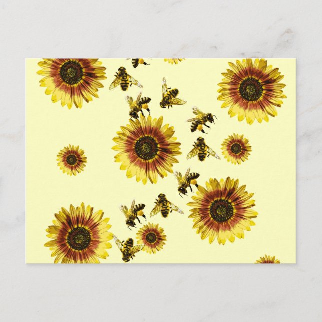 Yellow Sunflowers and Honey Bees Summer Pattern Postcard (Front)