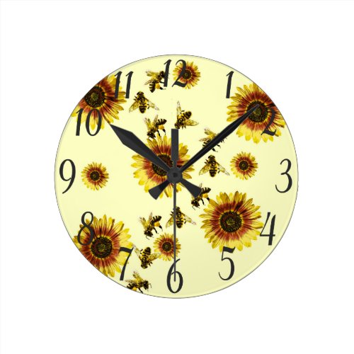 Yellow Sunflowers and Honey Bees Summer Pattern Round Clock