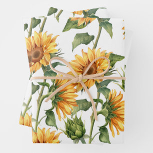 Yellow Sunflowers and Leaves Watercolor Garden Wrapping Paper Sheets