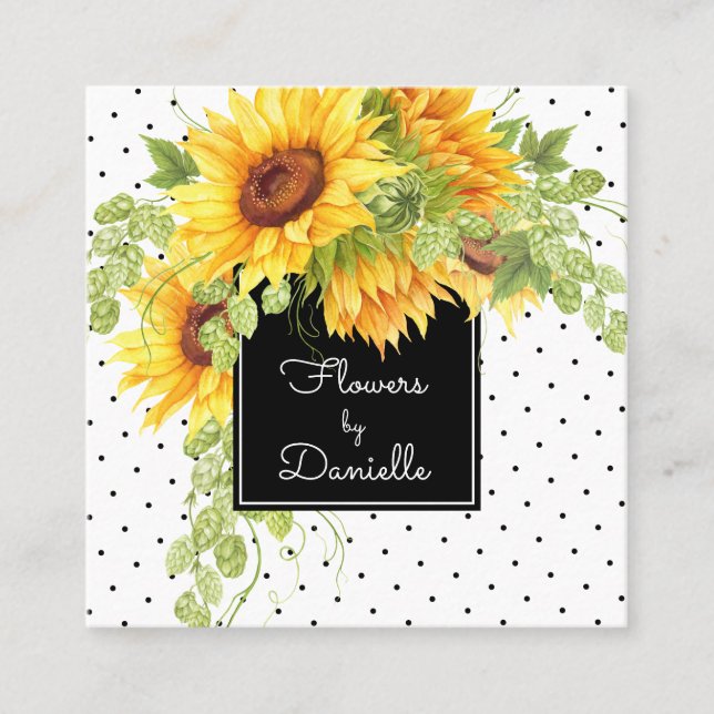 Yellow Sunflowers and Polka Dots Floral Square Business Card (Front)