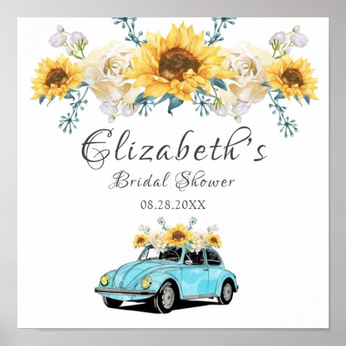 Yellow Sunflowers Aqua Vintage Truck Bridal Shower Poster