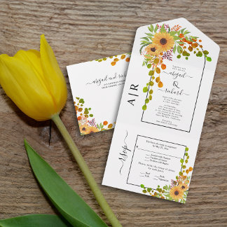 Yellow sunflowers, arch and initials fall wedding all in one invitation
