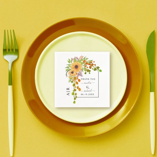 Yellow sunflowers arch and initials fall wedding  napkins
