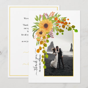 Yellow sunflowers, arch with photo fall wedding  thank you card
