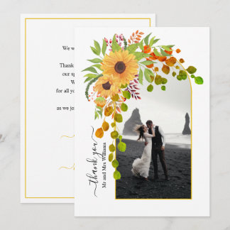 Yellow sunflowers, arch with photo fall wedding thank you card