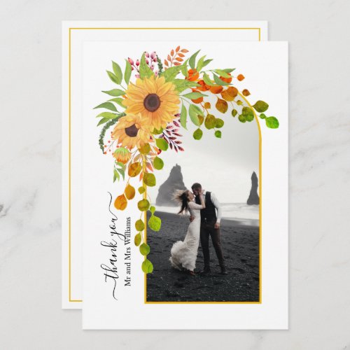 Yellow sunflowers arch with photo fall wedding  thank you card