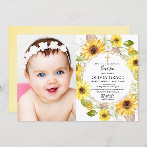 Yellow sunflowers baptism floral watercolor photo invitation