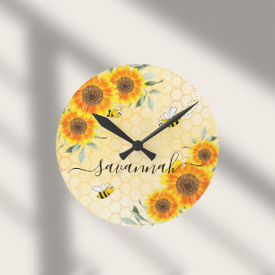 Yellow sunflowers bees rustic monogram script round clock