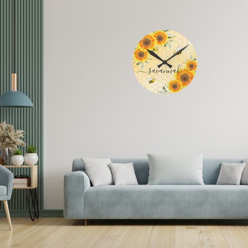 Yellow sunflowers bees rustic monogram script round clock