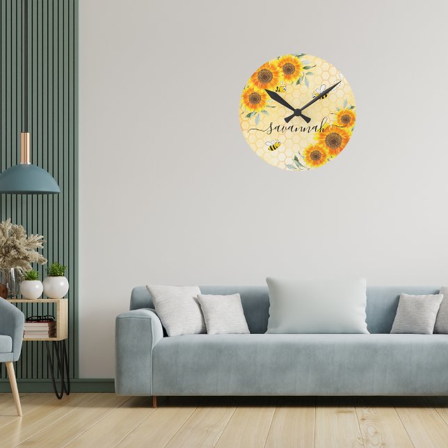 Yellow sunflowers bees rustic monogram script round clock (Creator Uploaded)