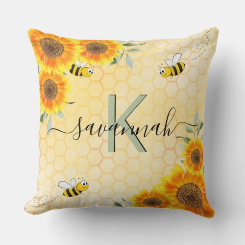 Yellow sunflowers bees rustic monogram script throw pillow