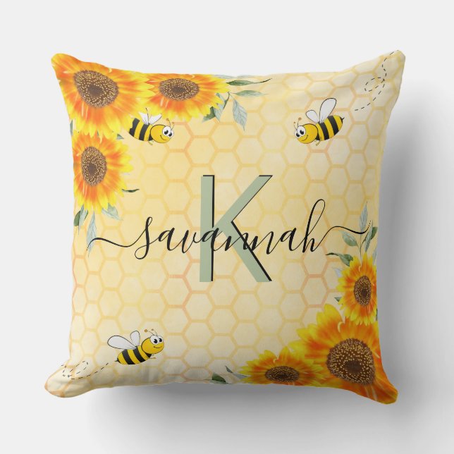 Yellow sunflowers bees rustic monogram script throw pillow (Front)