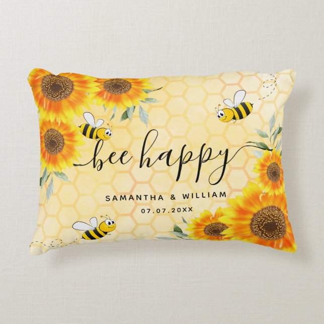Yellow sunflowers bees rustic wedding couple accent pillow (Front)
