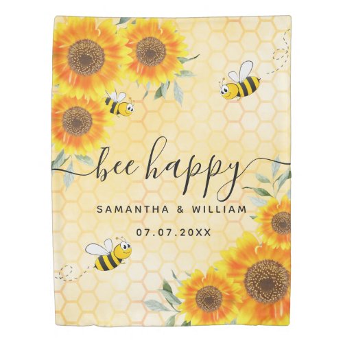Yellow sunflowers bees rustic wedding couple duvet cover