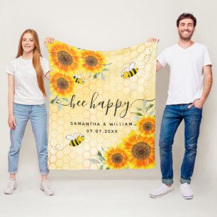 Yellow sunflowers bees rustic wedding couple fleece blanket
