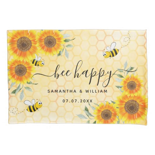 Yellow sunflowers bees rustic wedding couple pillow case