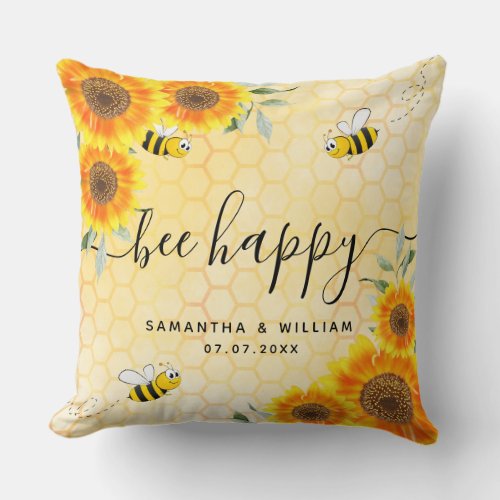 Yellow sunflowers bees rustic wedding couple throw pillow