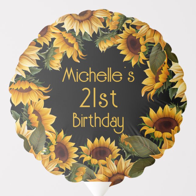 Yellow Sunflowers Black 21st Birthday Balloon (Front)