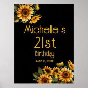 Yellow Sunflowers Black 21st Birthday Poster
