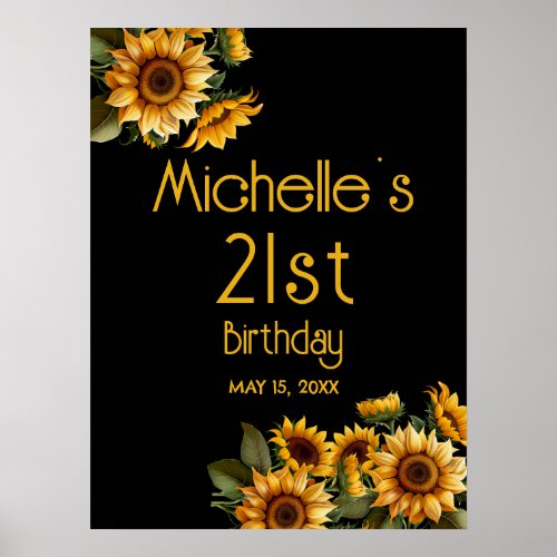 Yellow Sunflowers Black 21st Birthday Poster