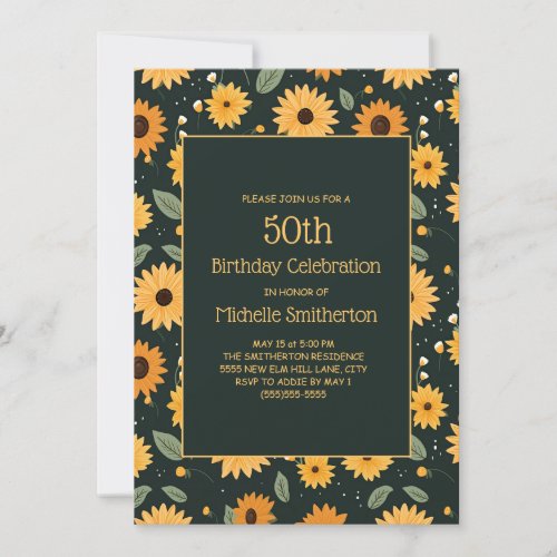 Yellow Sunflowers Black 50th Birthday  Invitation