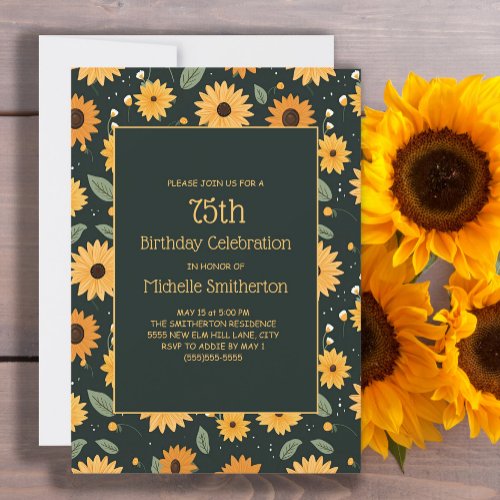 Yellow Sunflowers Black 75th Birthday  Invitation