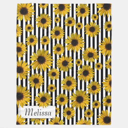 Yellow Sunflowers Black and White Stripe Design Fleece Blanket