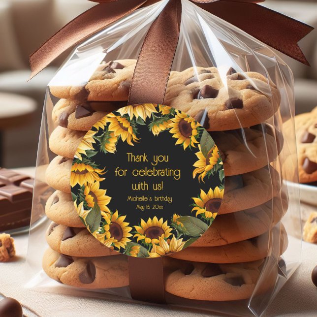 Yellow Sunflowers Black Birthday Thank You Classic Round Sticker (Sunflowers on black birthday party "Thank you" sticker)