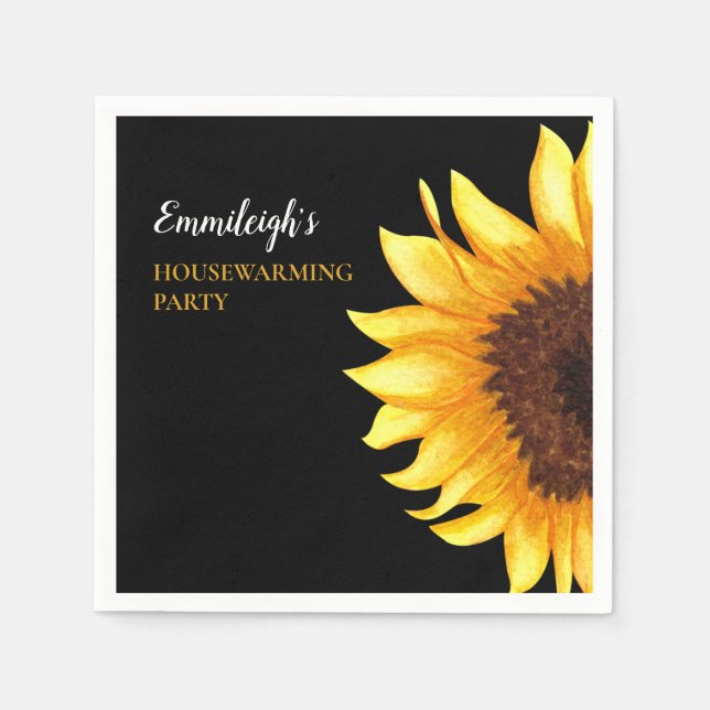 Yellow Sunflowers Black Housewarming Party Napkins (Front)