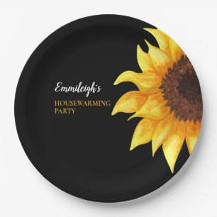 Yellow Sunflowers Black Housewarming Party Paper Plates