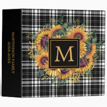 Yellow Sunflowers Black White Plaid Monogram 