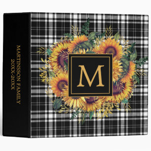 Yellow Sunflowers Black White Plaid Monogram 3 Ring Binder